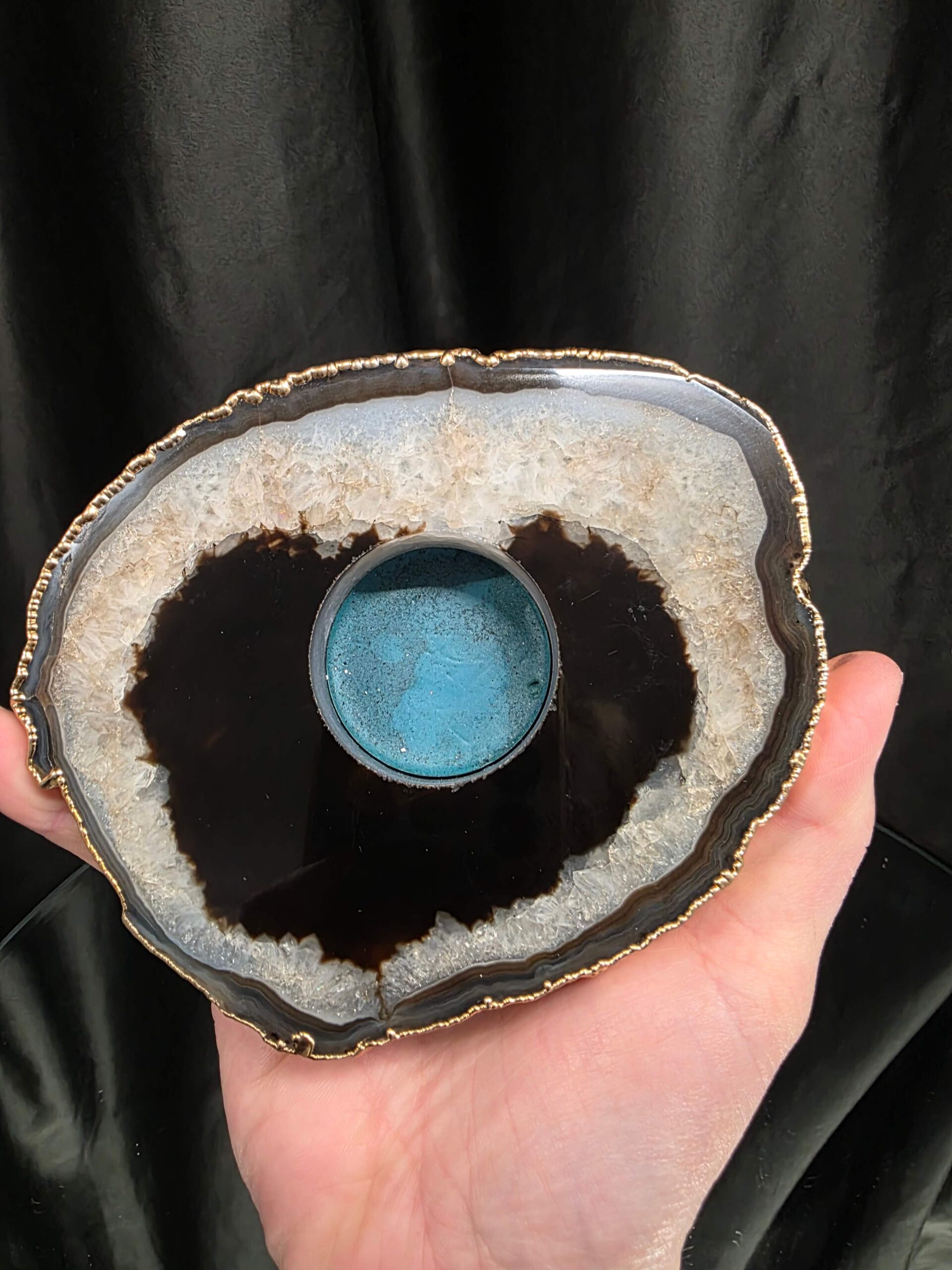 Black Agate Slice 2 Handpicked 478g H2xW14xD11cm Microcrystalline Quartz Gold Gilded 24ct Tealight Candle Holder - Image 5