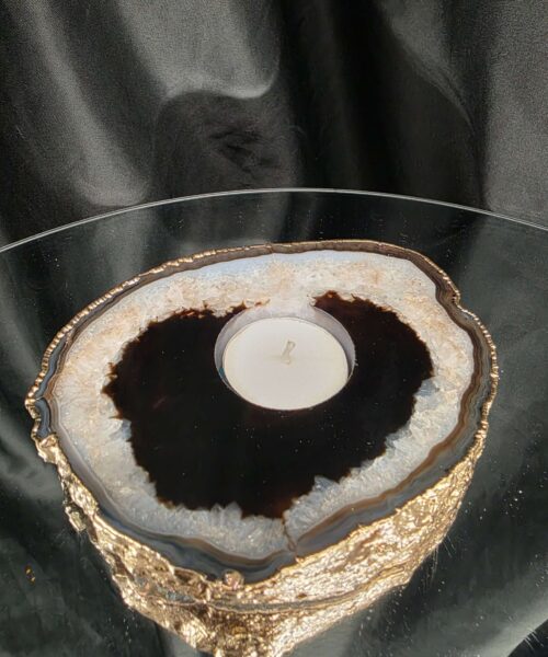 Black Agate Slice 2 Handpicked 478g H2xW14xD11cm Microcrystalline Quartz Gold Gilded 24ct Tealight Candle Holder - Image 7