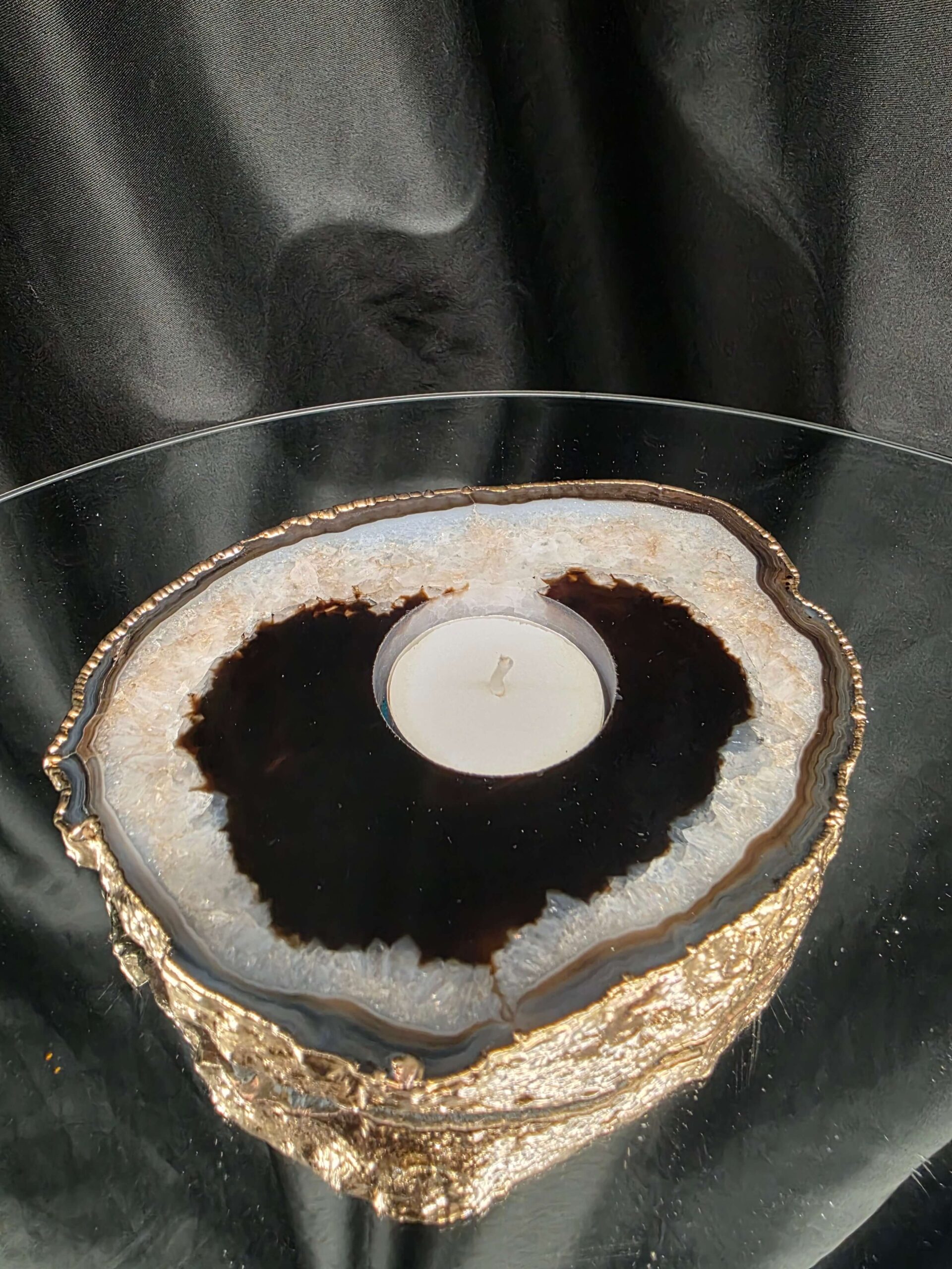 Black Agate Slice 2 Handpicked 478g H2xW14xD11cm Microcrystalline Quartz Gold Gilded 24ct Tealight Candle Holder - Image 7
