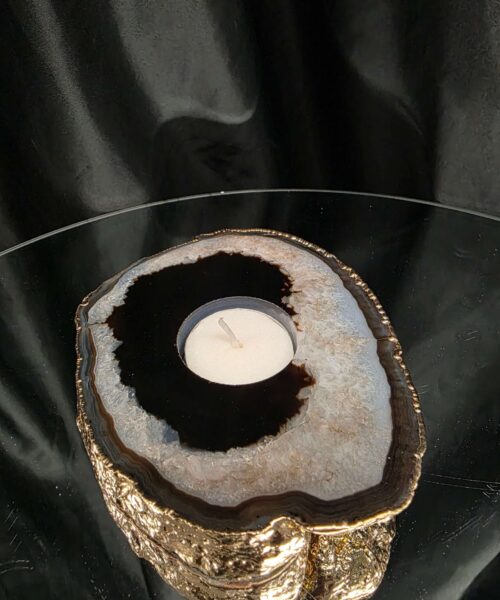 Black Agate Slice 2 Handpicked 478g H2xW14xD11cm Microcrystalline Quartz Gold Gilded 24ct Tealight Candle Holder - Image 8