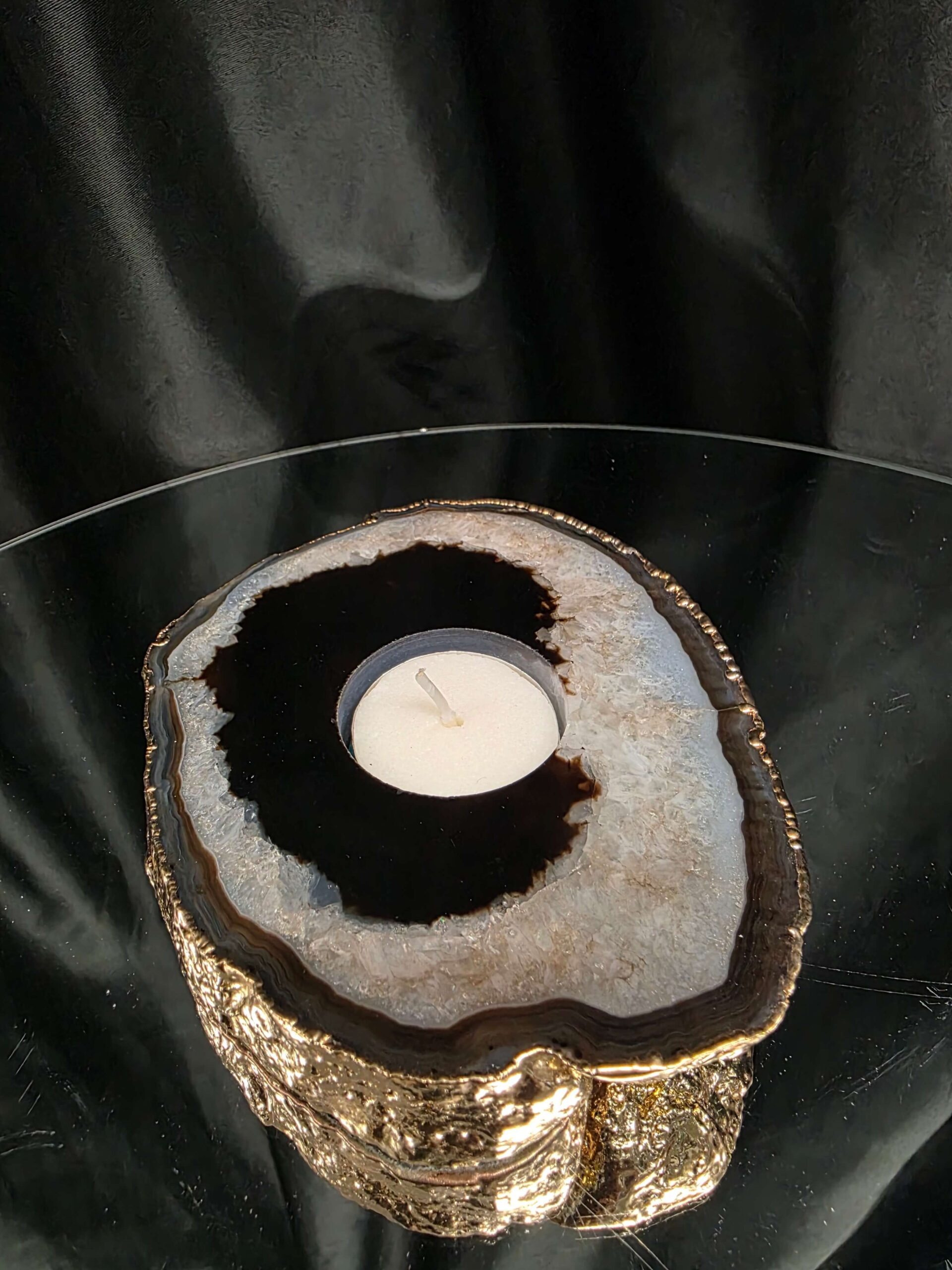 Black Agate Slice 2 Handpicked 478g H2xW14xD11cm Microcrystalline Quartz Gold Gilded 24ct Tealight Candle Holder - Image 8