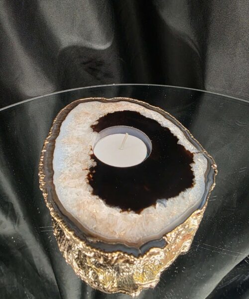 Black Agate Slice 2 Handpicked 478g H2xW14xD11cm Microcrystalline Quartz Gold Gilded 24ct Tealight Candle Holder - Image 9