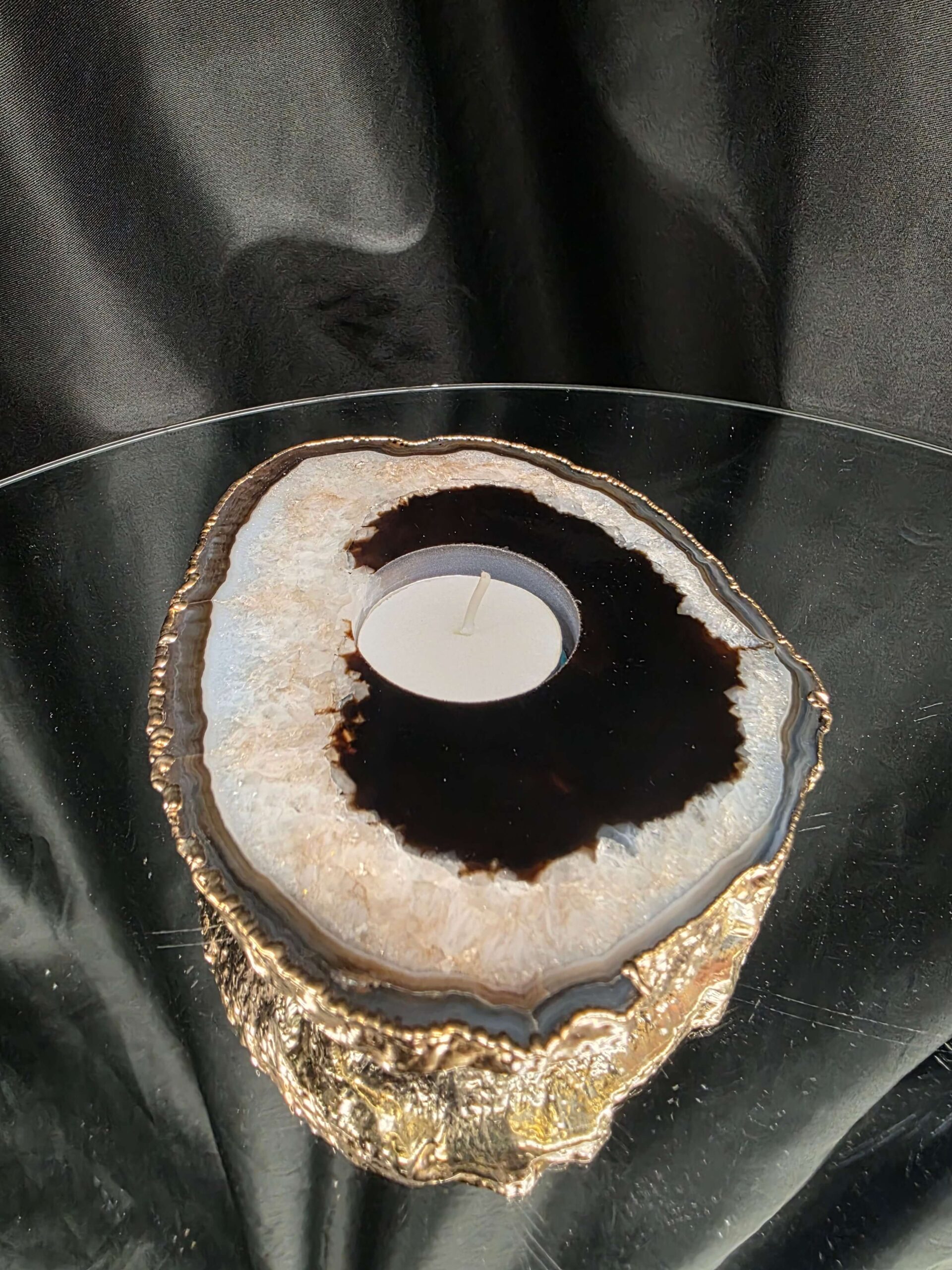 Black Agate Slice 2 Handpicked 478g H2xW14xD11cm Microcrystalline Quartz Gold Gilded 24ct Tealight Candle Holder - Image 9