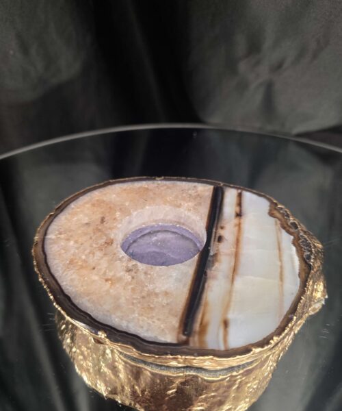Black Agate Slice 3 Handpicked 511g H2xW13.5xD11cm Microcrystalline Quartz Gold Gilded 24ct Tealight Candle Holder