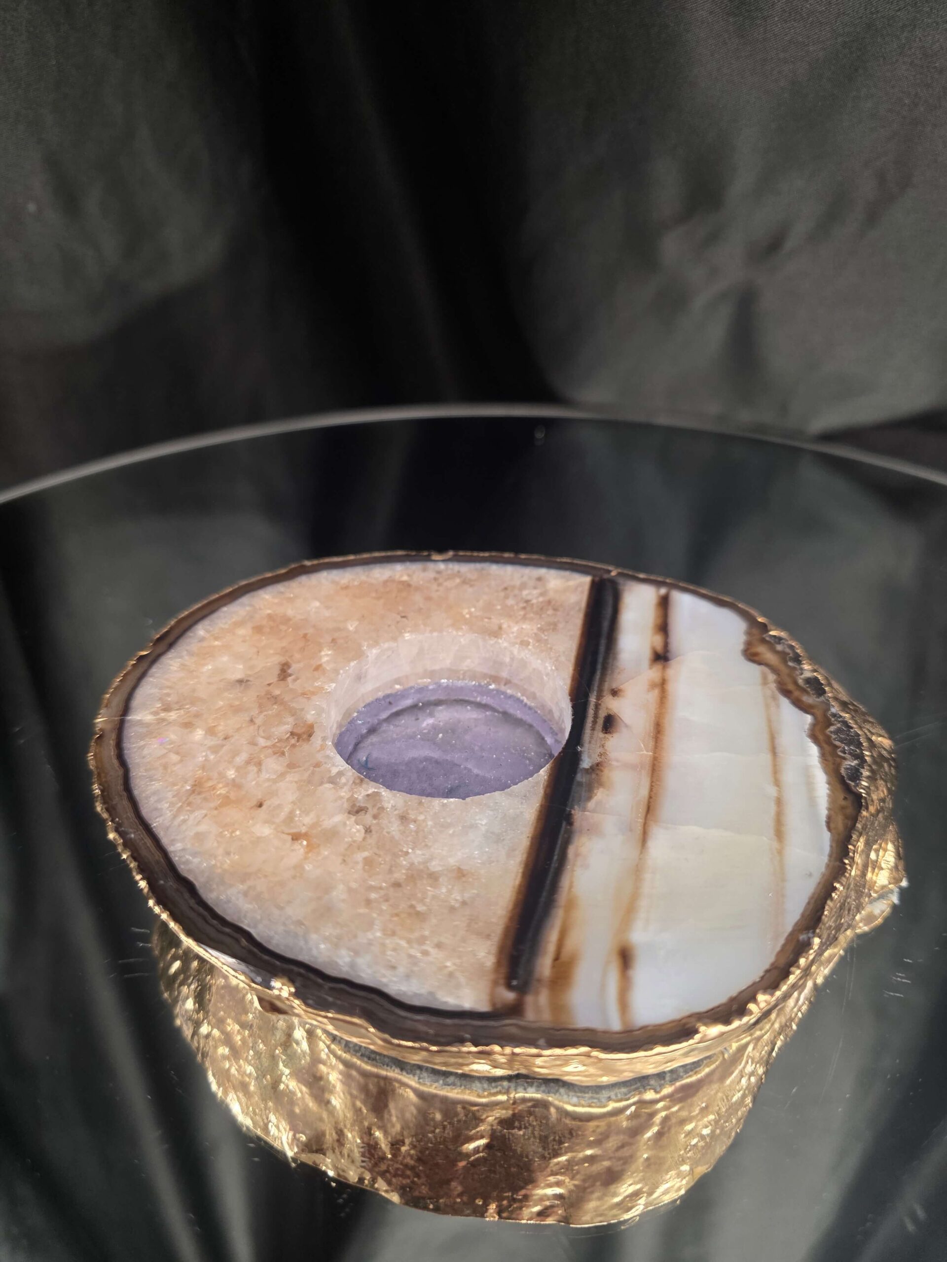 Black Agate Slice 3 Handpicked 511g H2xW13.5xD11cm Microcrystalline Quartz Gold Gilded 24ct Tealight Candle Holder