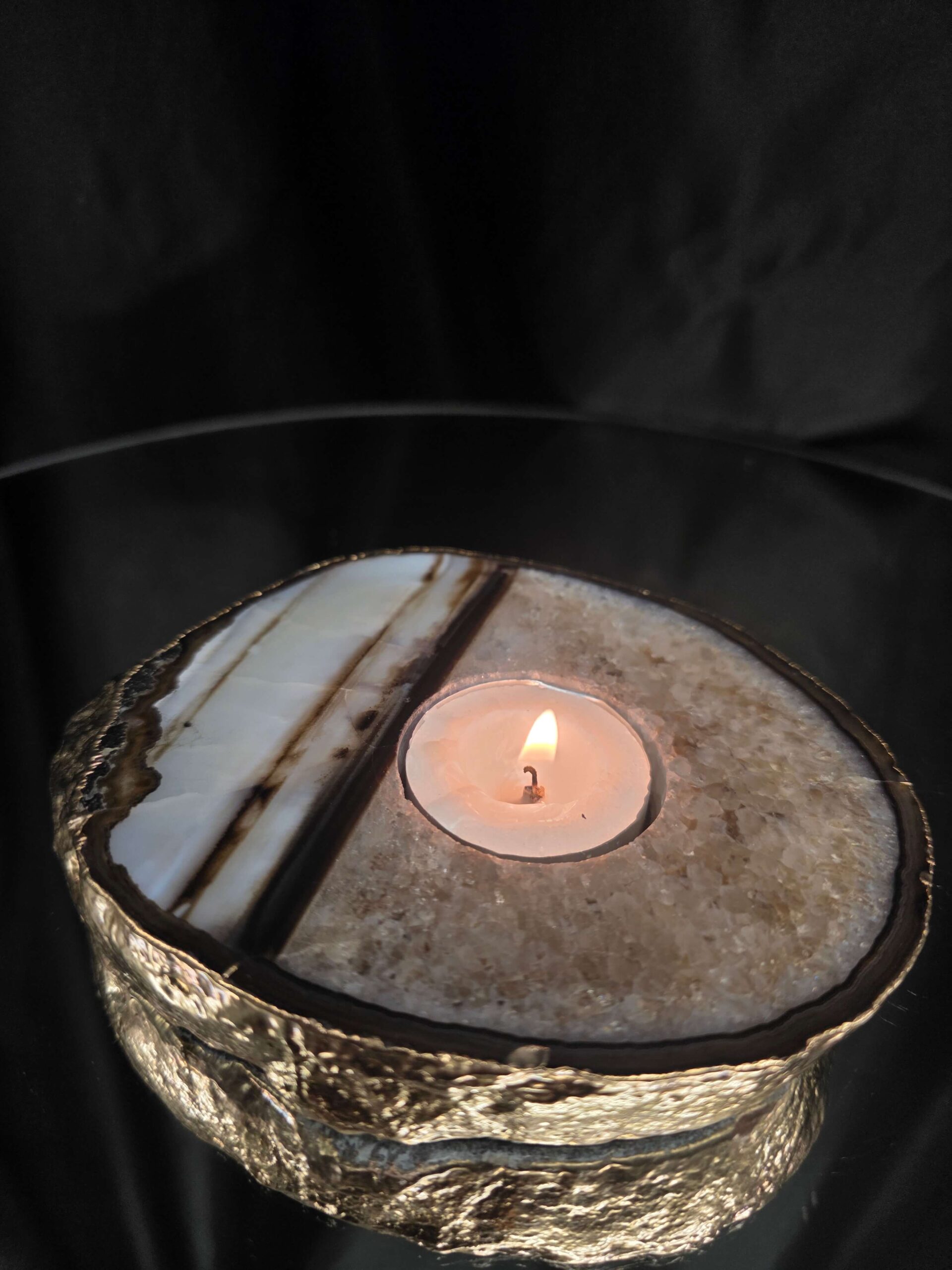Black Agate Slice 3 Handpicked 511g H2xW13.5xD11cm Microcrystalline Quartz Gold Gilded 24ct Tealight Candle Holder - Image 10