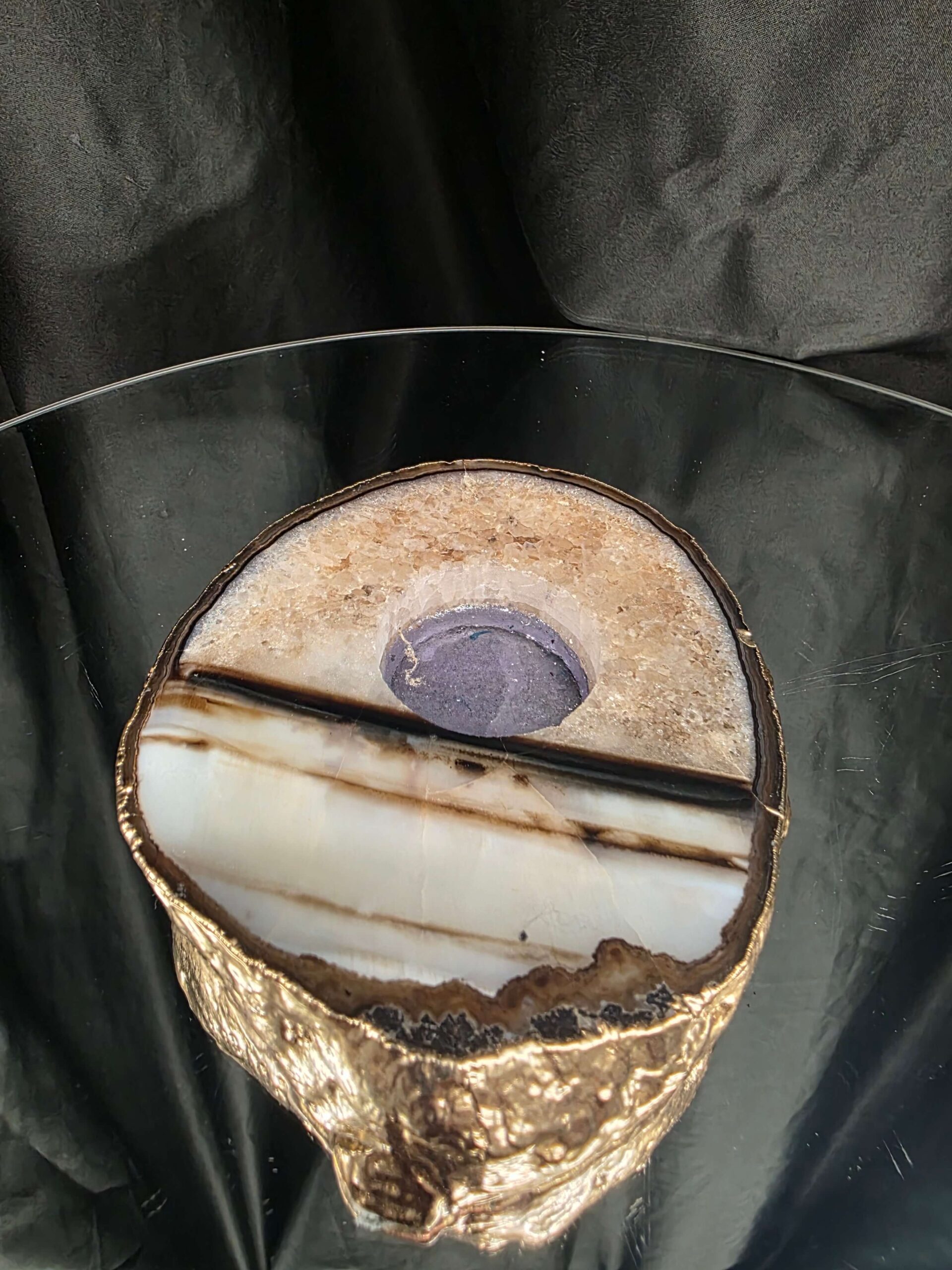 Black Agate Slice 3 Handpicked 511g H2xW13.5xD11cm Microcrystalline Quartz Gold Gilded 24ct Tealight Candle Holder - Image 2