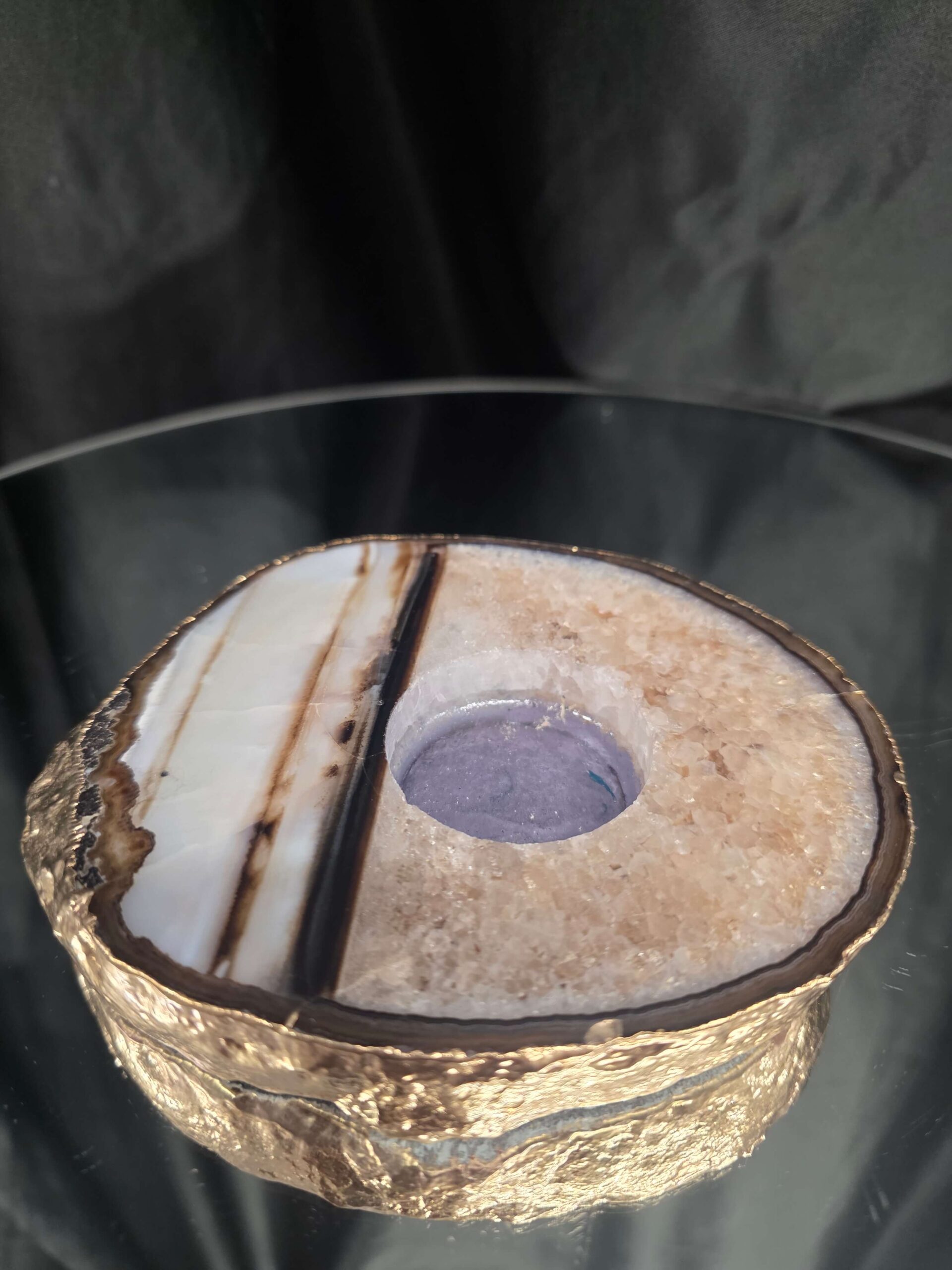 Black Agate Slice 3 Handpicked 511g H2xW13.5xD11cm Microcrystalline Quartz Gold Gilded 24ct Tealight Candle Holder - Image 3