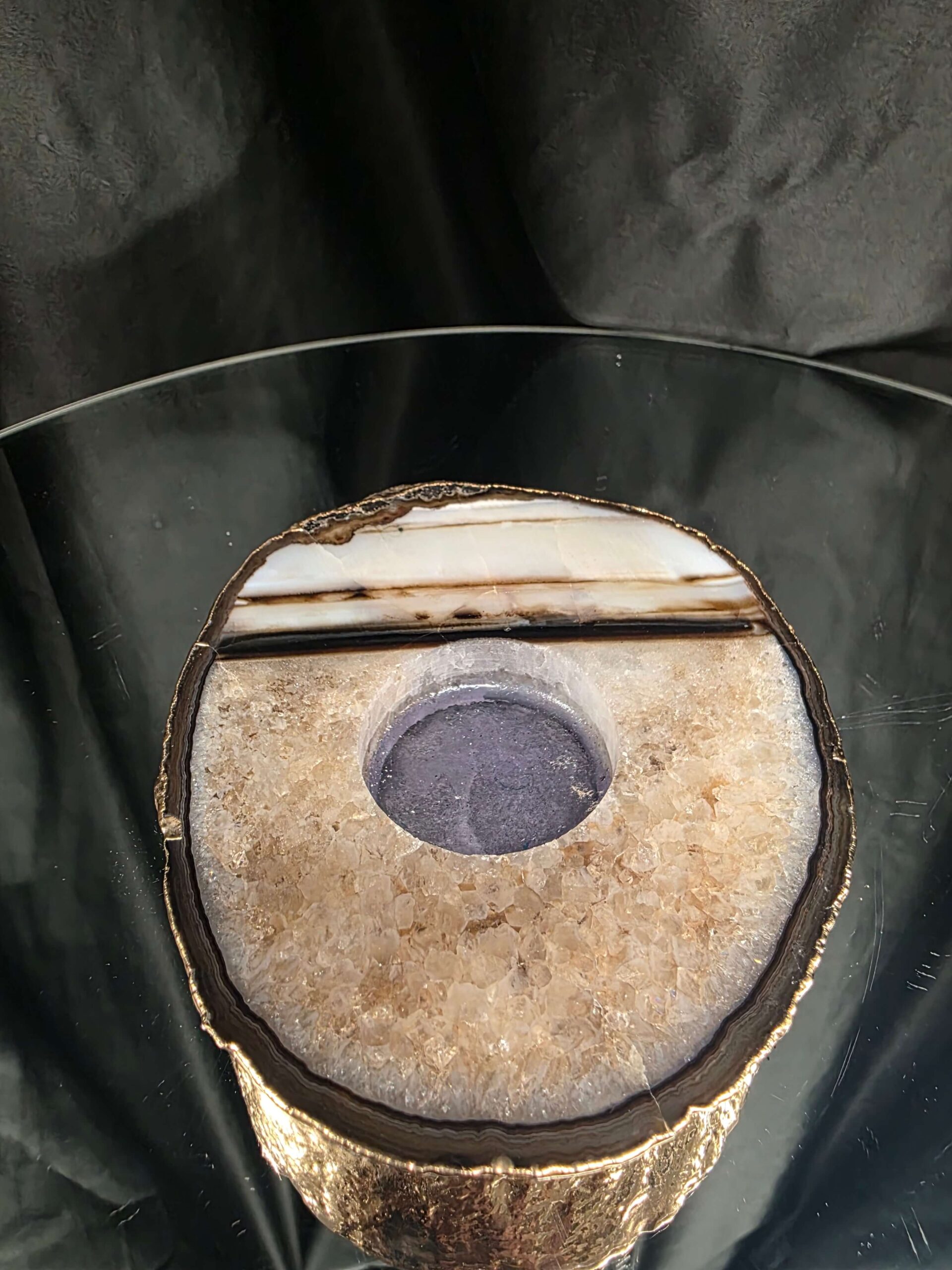Black Agate Slice 3 Handpicked 511g H2xW13.5xD11cm Microcrystalline Quartz Gold Gilded 24ct Tealight Candle Holder - Image 4