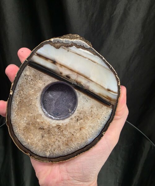 Black Agate Slice 3 Handpicked 511g H2xW13.5xD11cm Microcrystalline Quartz Gold Gilded 24ct Tealight Candle Holder - Image 5