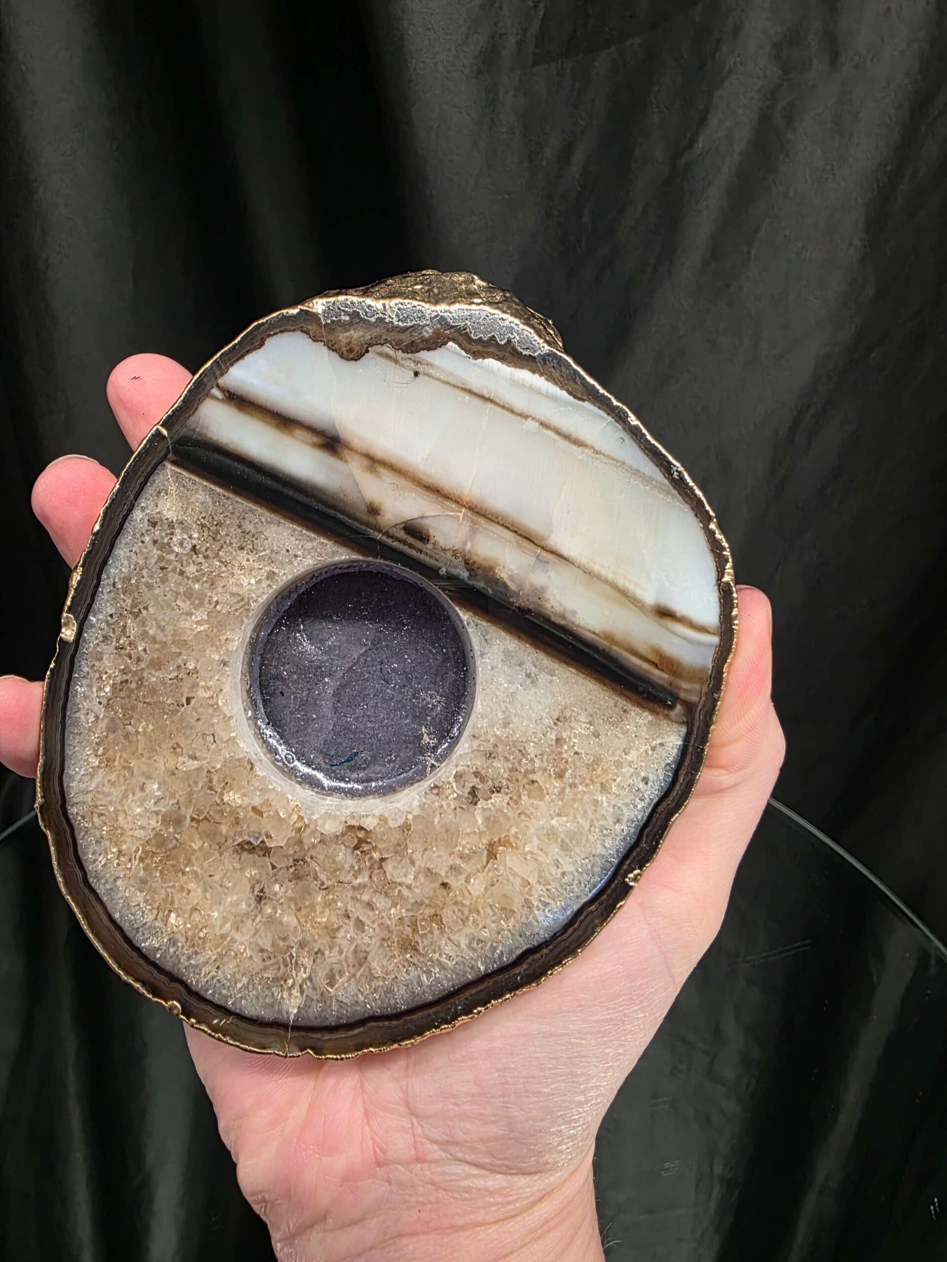 Black Agate Slice 3 Handpicked 511g H2xW13.5xD11cm Microcrystalline Quartz Gold Gilded 24ct Tealight Candle Holder - Image 5