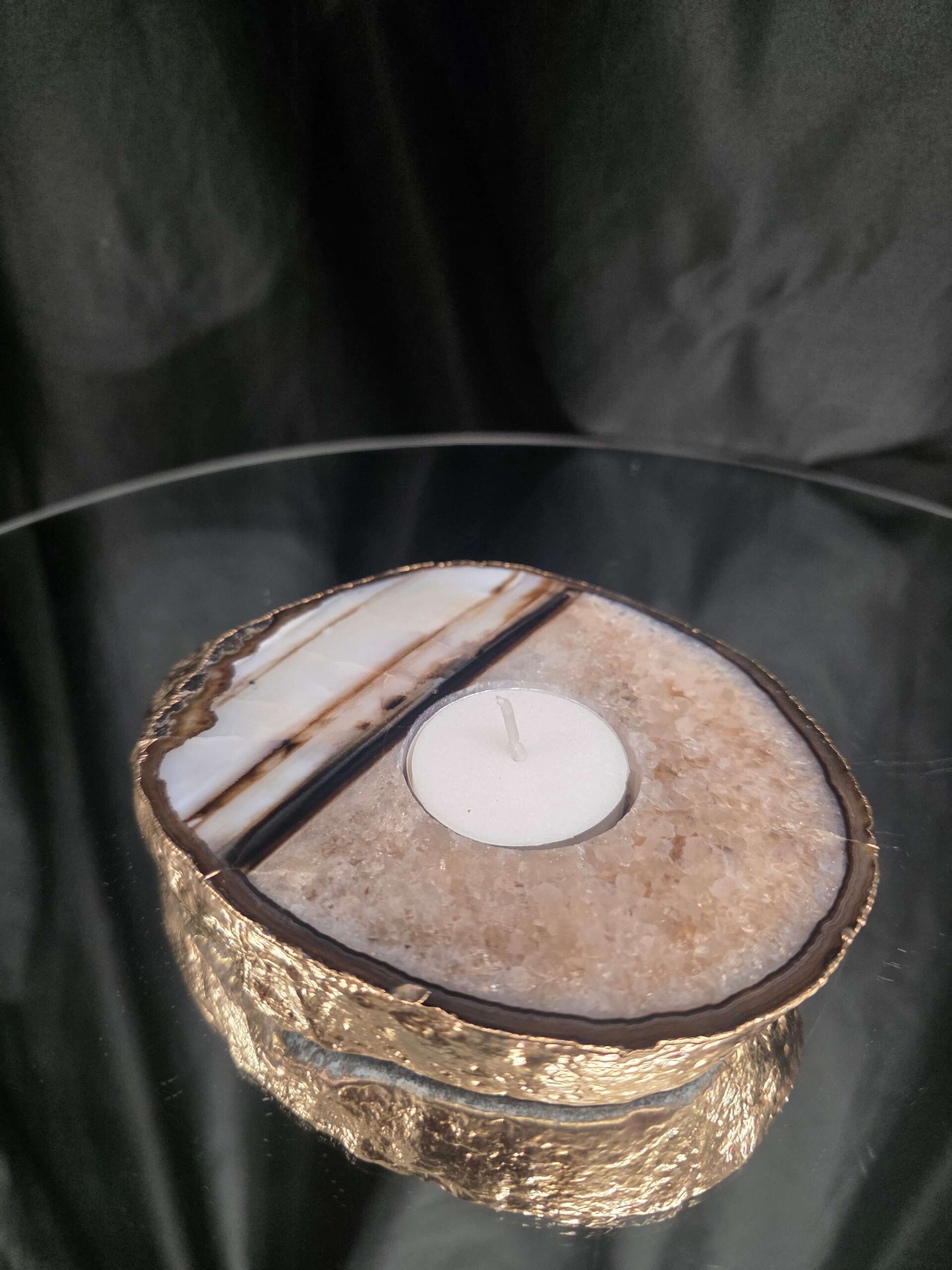 Black Agate Slice 3 Handpicked 511g H2xW13.5xD11cm Microcrystalline Quartz Gold Gilded 24ct Tealight Candle Holder - Image 7