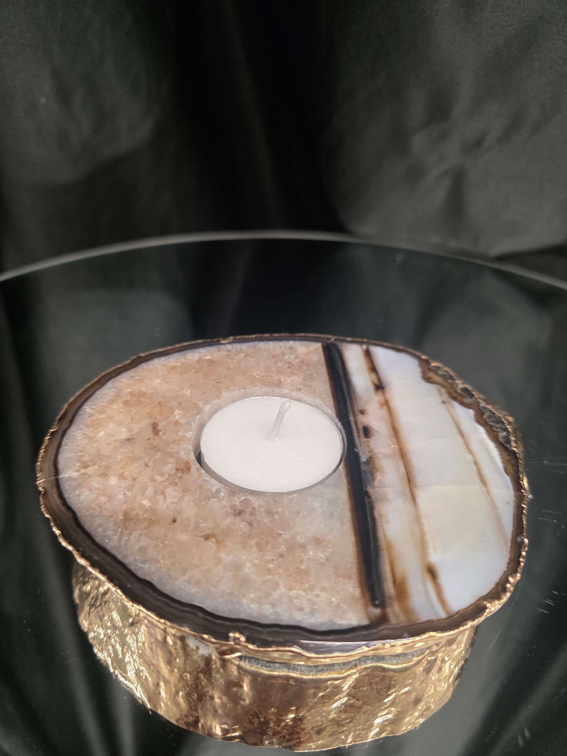 Black Agate Slice 3 Handpicked 511g H2xW13.5xD11cm Microcrystalline Quartz Gold Gilded 24ct Tealight Candle Holder - Image 8