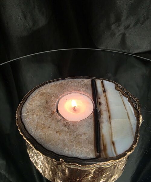 Black Agate Slice 3 Handpicked 511g H2xW13.5xD11cm Microcrystalline Quartz Gold Gilded 24ct Tealight Candle Holder - Image 9