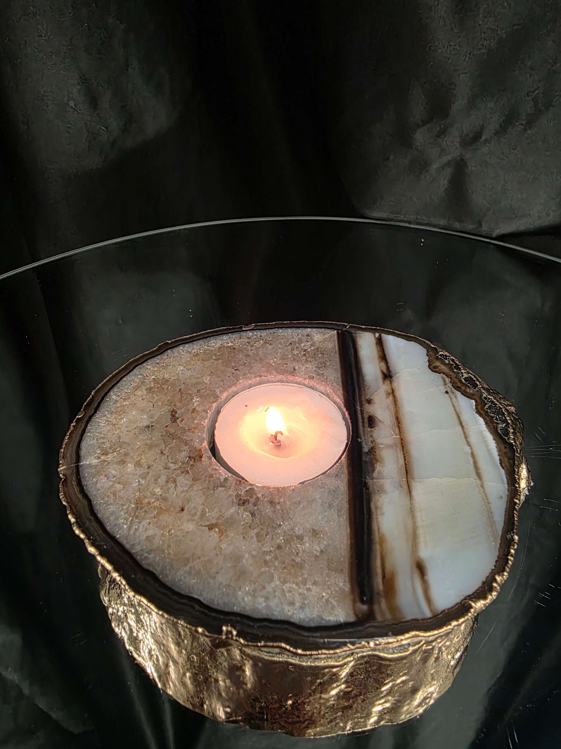 Black Agate Slice 3 Handpicked 511g H2xW13.5xD11cm Microcrystalline Quartz Gold Gilded 24ct Tealight Candle Holder - Image 9