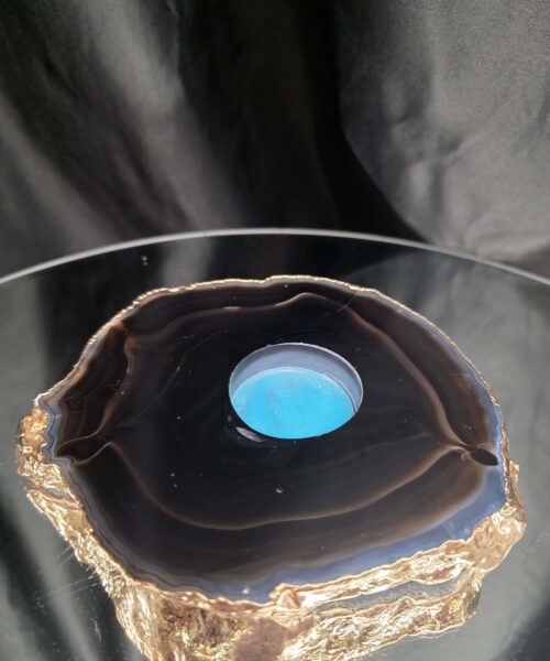 Black Agate Slice 4 Handpicked 696g H2xW15xD13cm Microcrystalline Quartz Gold Gilded 24ct Tealight Candle Holder