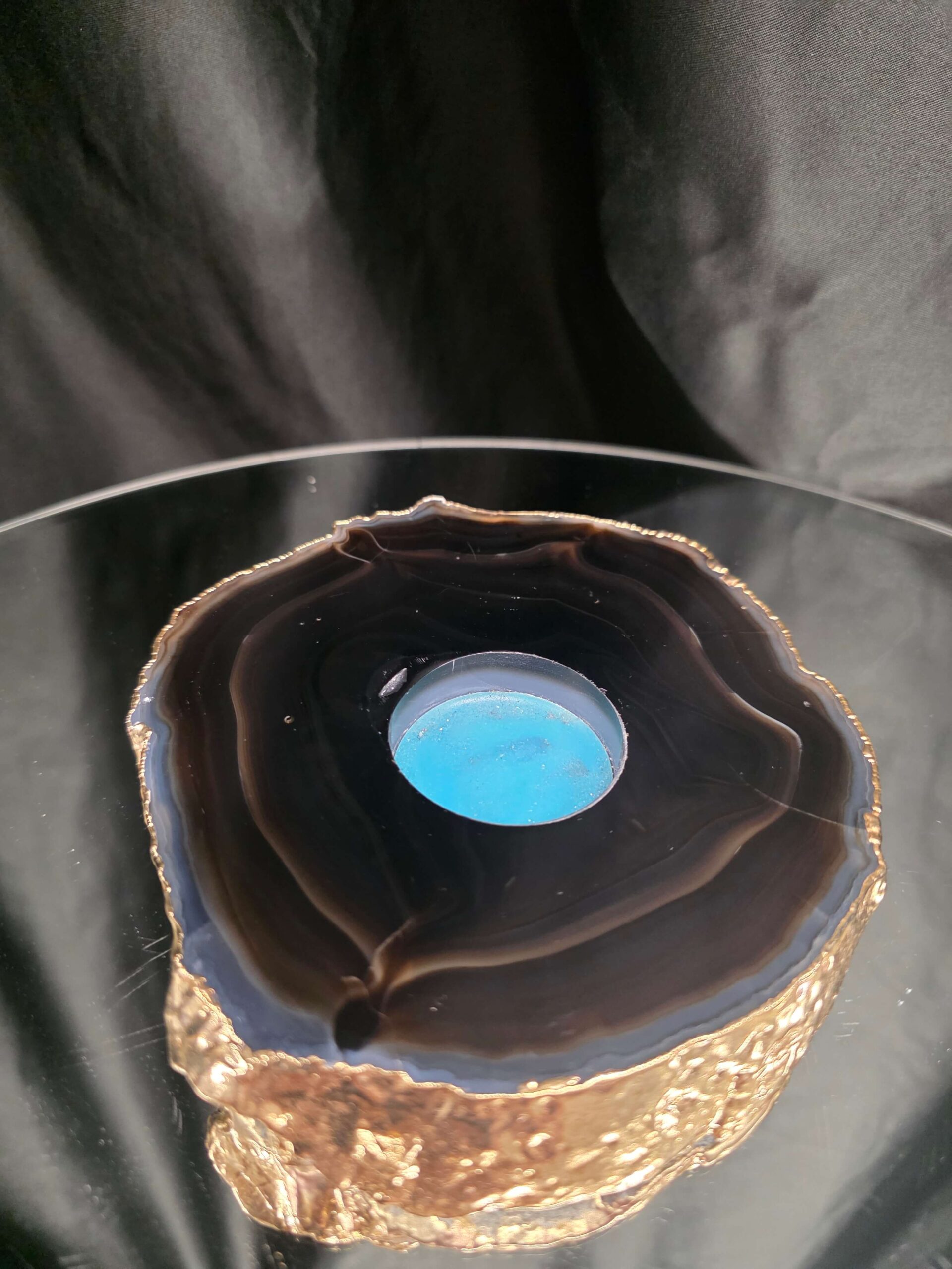 Black Agate Slice 4 Handpicked 696g H2xW15xD13cm Microcrystalline Quartz Gold Gilded 24ct Tealight Candle Holder - Image 2