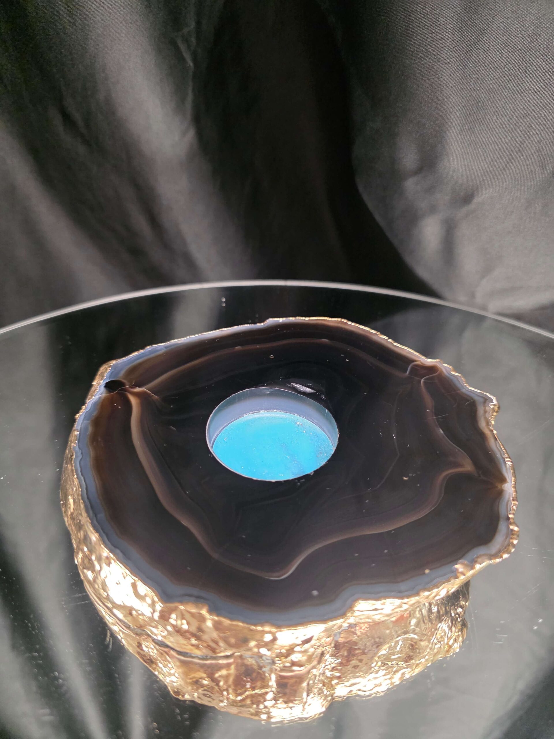Black Agate Slice 4 Handpicked 696g H2xW15xD13cm Microcrystalline Quartz Gold Gilded 24ct Tealight Candle Holder - Image 3