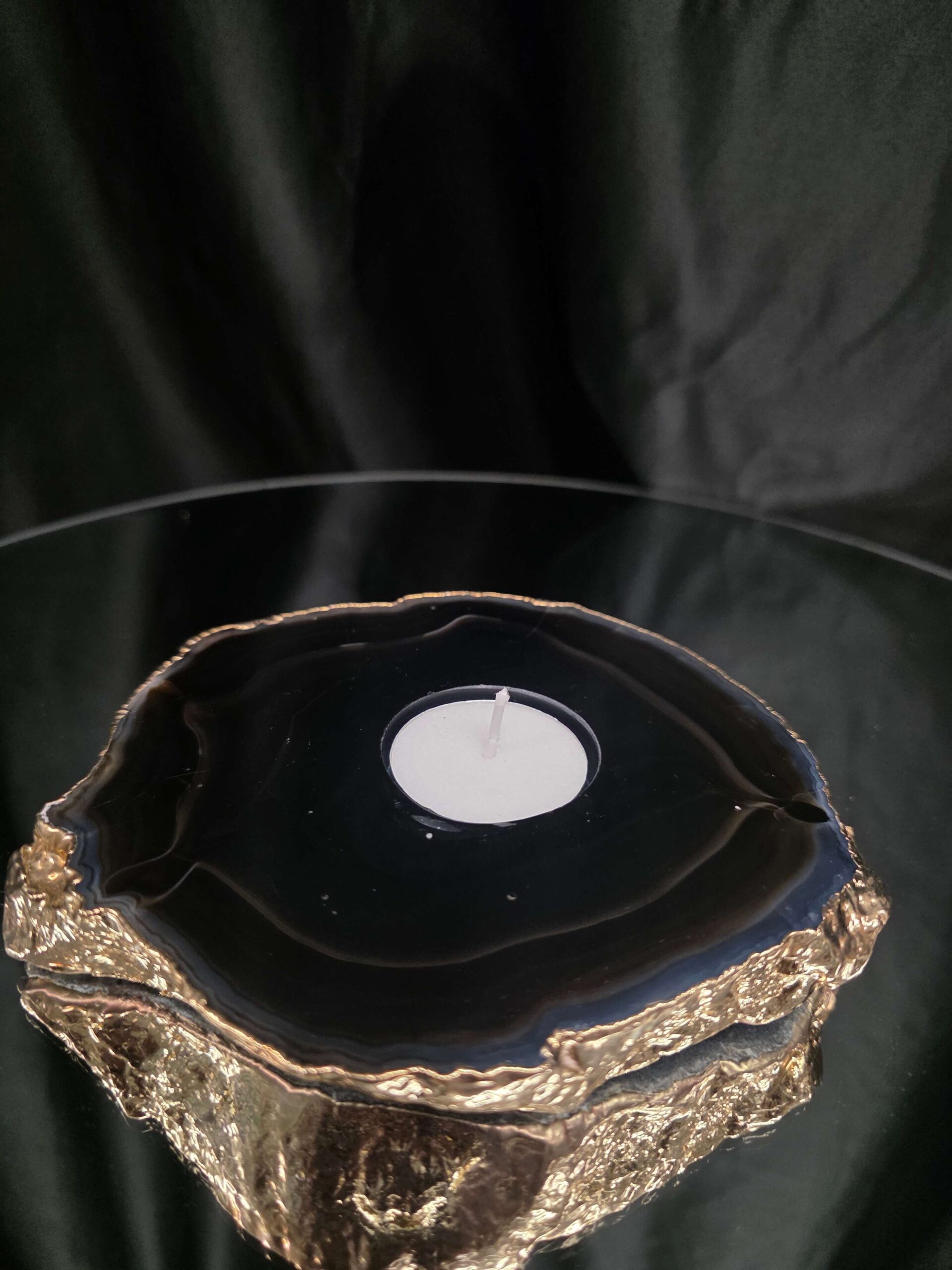 Black Agate Slice 4 Handpicked 696g H2xW15xD13cm Microcrystalline Quartz Gold Gilded 24ct Tealight Candle Holder - Image 6