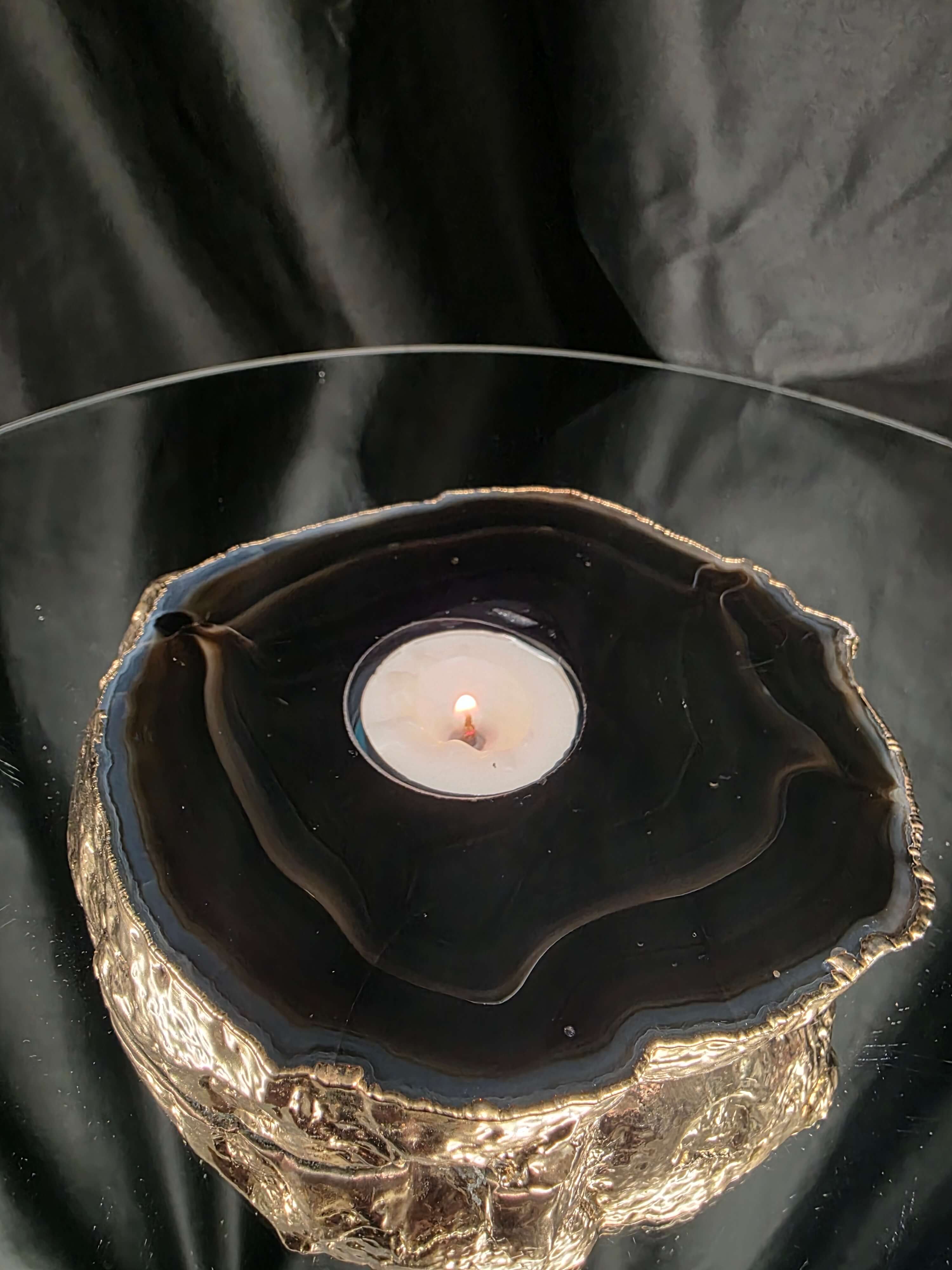 Black Agate Slice 4 Handpicked 696g H2xW15xD13cm Microcrystalline Quartz Gold Gilded 24ct Tealight Candle Holder - Image 8