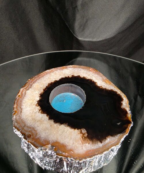Large Black Agate Slice 2 Handpicked 521g H1.5xW13xD12.5cm Microcrystalline Quartz Silver Gilded Tealight Candle Holder