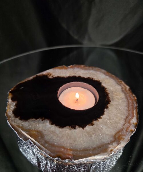 Large Black Agate Slice 2 Handpicked 521g H1.5xW13xD12.5cm Microcrystalline Quartz Silver Gilded Tealight Candle Holder - Image 10