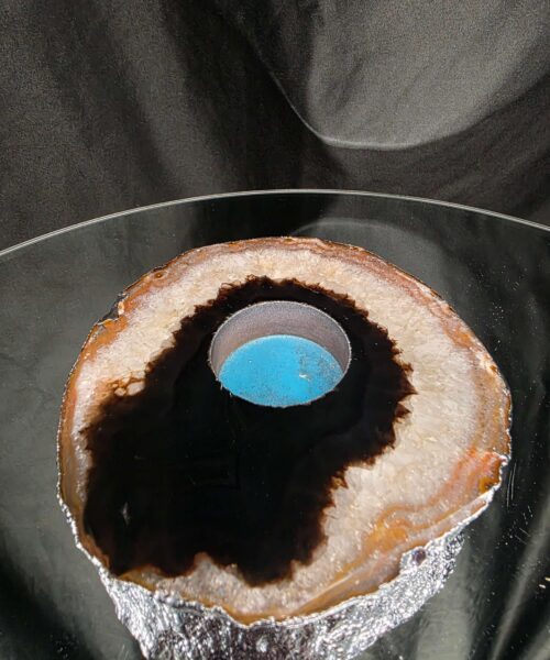 Alternative view of Large Black Agate Slice 2 Handpicked 521g H1.5xW13xD12.5cm Microcrystalline Quartz Silver Gilded Tealight Candle Holder