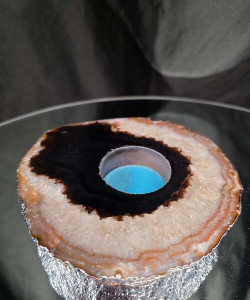 Large Black Agate Slice 2 Handpicked 521g H1.5xW13xD12.5cm Microcrystalline Quartz Silver Gilded Tealight Candle Holder - Image 3