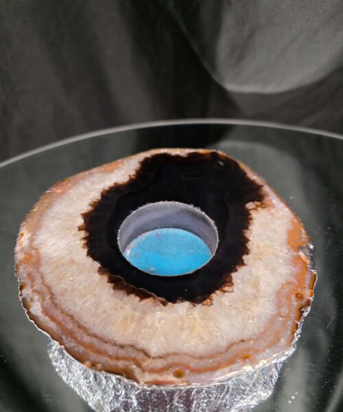 Large Black Agate Slice 2 Handpicked 521g H1.5xW13xD12.5cm Microcrystalline Quartz Silver Gilded Tealight Candle Holder - Image 4