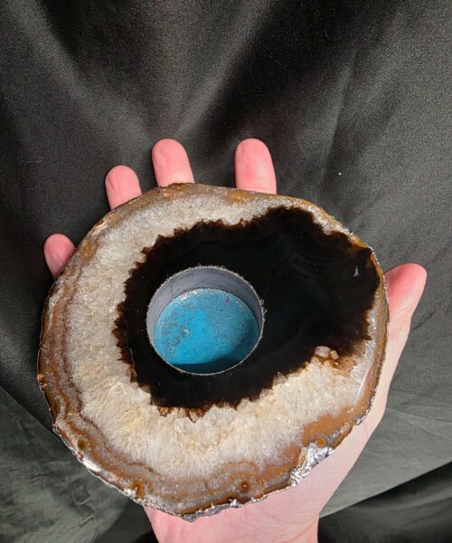 Large Black Agate Slice 2 Handpicked 521g H1.5xW13xD12.5cm Microcrystalline Quartz Silver Gilded Tealight Candle Holder - Image 5