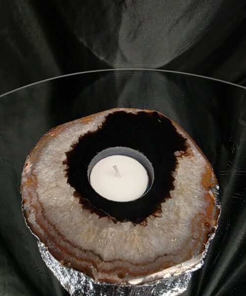Large Black Agate Slice 2 Handpicked 521g H1.5xW13xD12.5cm Microcrystalline Quartz Silver Gilded Tealight Candle Holder - Image 7