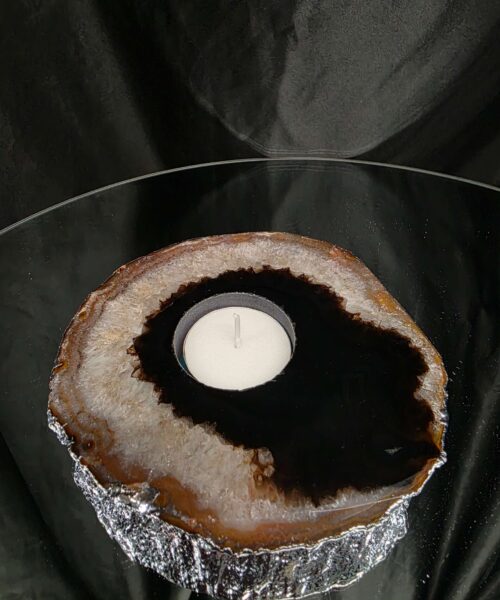 Large Black Agate Slice 2 Handpicked 521g H1.5xW13xD12.5cm Microcrystalline Quartz Silver Gilded Tealight Candle Holder - Image 8