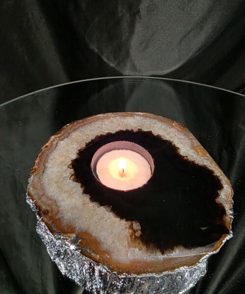 Large Black Agate Slice 2 Handpicked 521g H1.5xW13xD12.5cm Microcrystalline Quartz Silver Gilded Tealight Candle Holder - Image 9