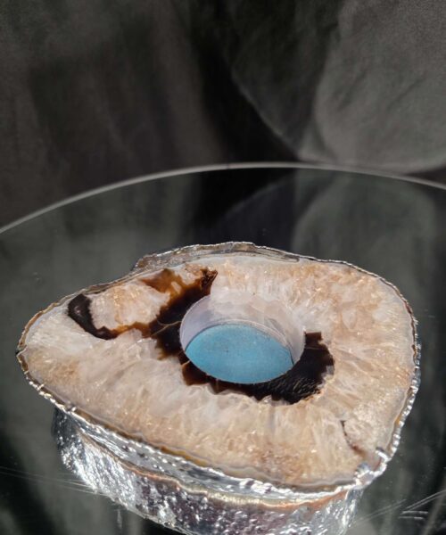 Large Black Agate Slice 3 Handpicked 472g H2xW13xD11cm Microcrystalline Quartz Silver Gilded Tealight Candle Holder