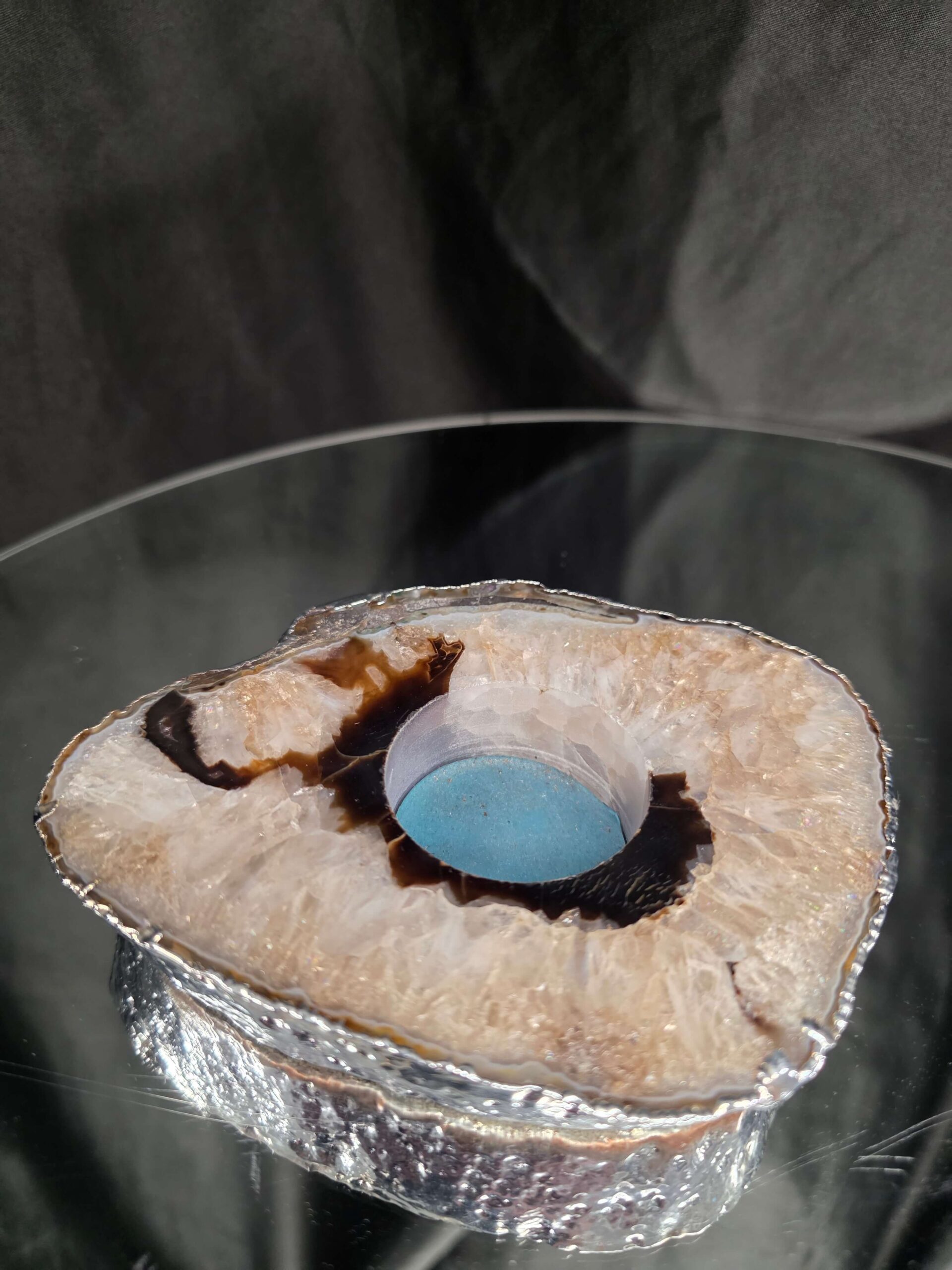Large Black Agate Slice 3 Handpicked 472g H2xW13xD11cm Microcrystalline Quartz Silver Gilded Tealight Candle Holder