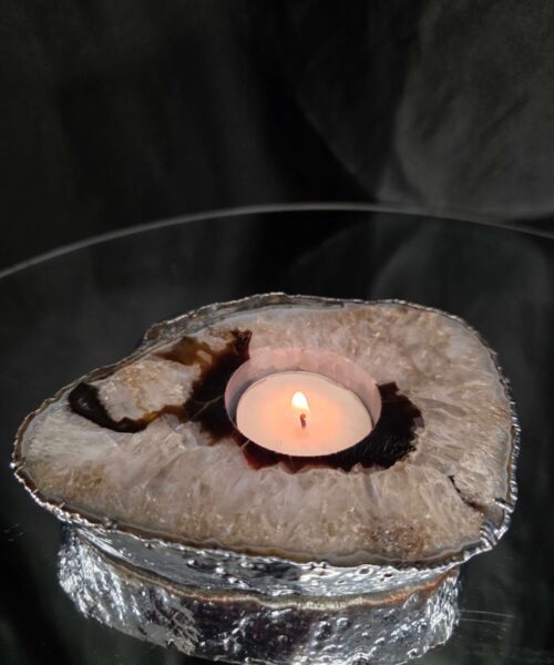 Large Black Agate Slice 3 Handpicked 472g H2xW13xD11cm Microcrystalline Quartz Silver Gilded Tealight Candle Holder - Image 10