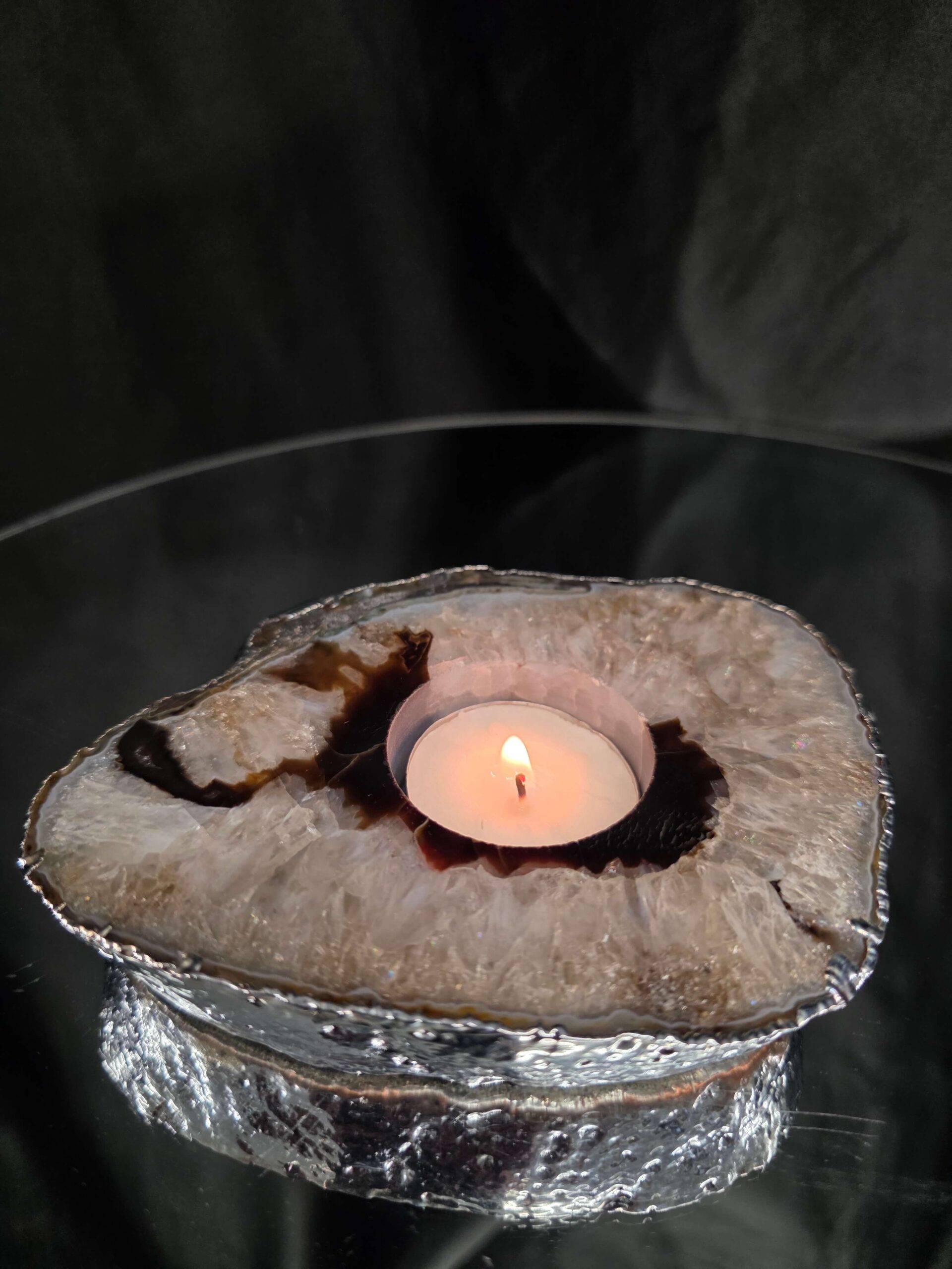 Large Black Agate Slice 3 Handpicked 472g H2xW13xD11cm Microcrystalline Quartz Silver Gilded Tealight Candle Holder - Image 10