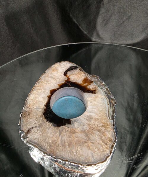 Alternative view of Large Black Agate Slice 3 Handpicked 472g H2xW13xD11cm Microcrystalline Quartz Silver Gilded Tealight Candle Holder