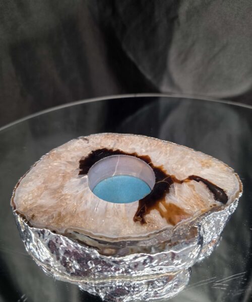Large Black Agate Slice 3 Handpicked 472g H2xW13xD11cm Microcrystalline Quartz Silver Gilded Tealight Candle Holder - Image 3