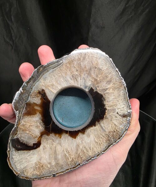 Large Black Agate Slice 3 Handpicked 472g H2xW13xD11cm Microcrystalline Quartz Silver Gilded Tealight Candle Holder - Image 5