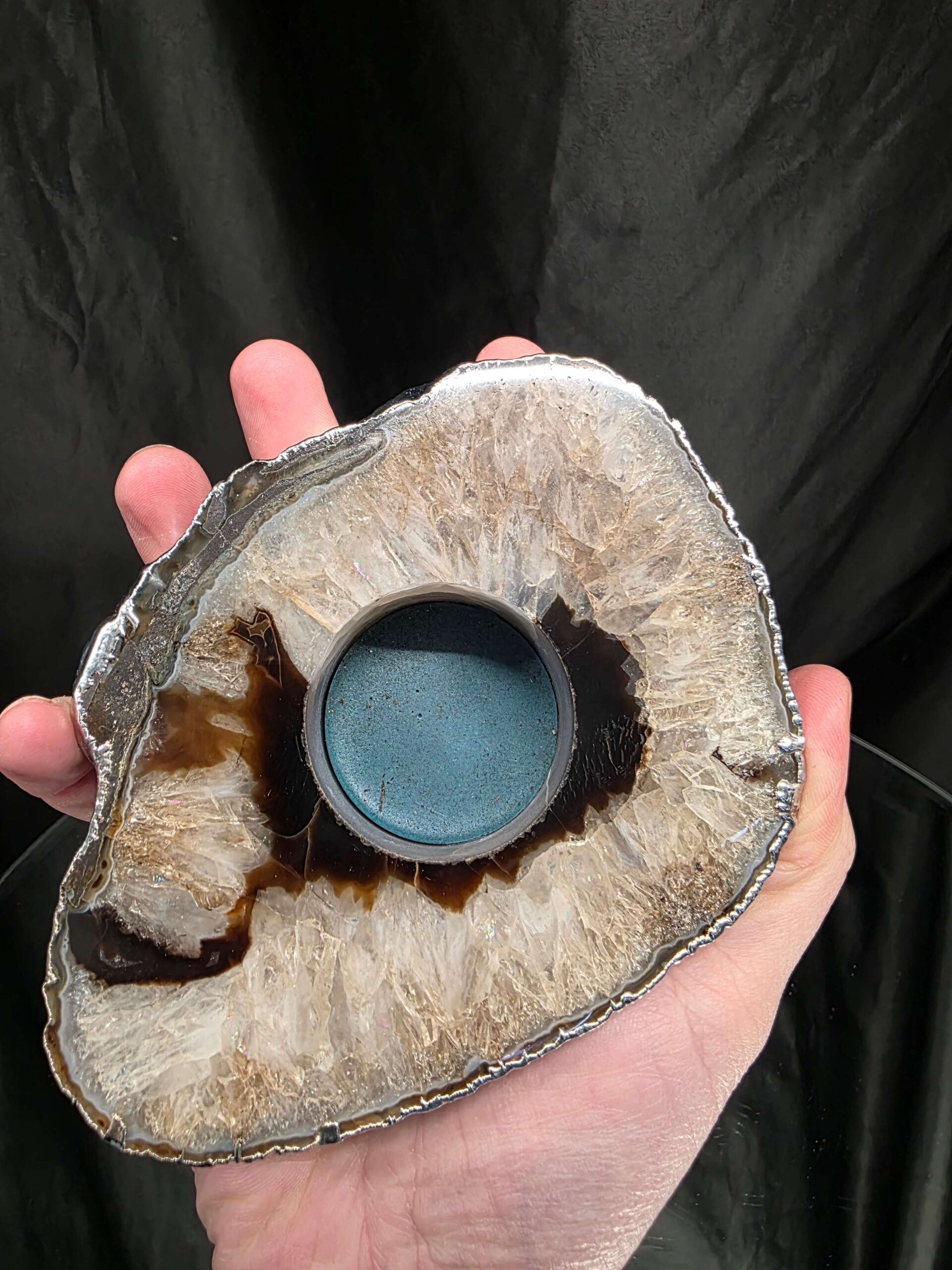 Large Black Agate Slice 3 Handpicked 472g H2xW13xD11cm Microcrystalline Quartz Silver Gilded Tealight Candle Holder - Image 5