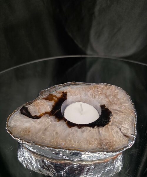 Large Black Agate Slice 3 Handpicked 472g H2xW13xD11cm Microcrystalline Quartz Silver Gilded Tealight Candle Holder - Image 7