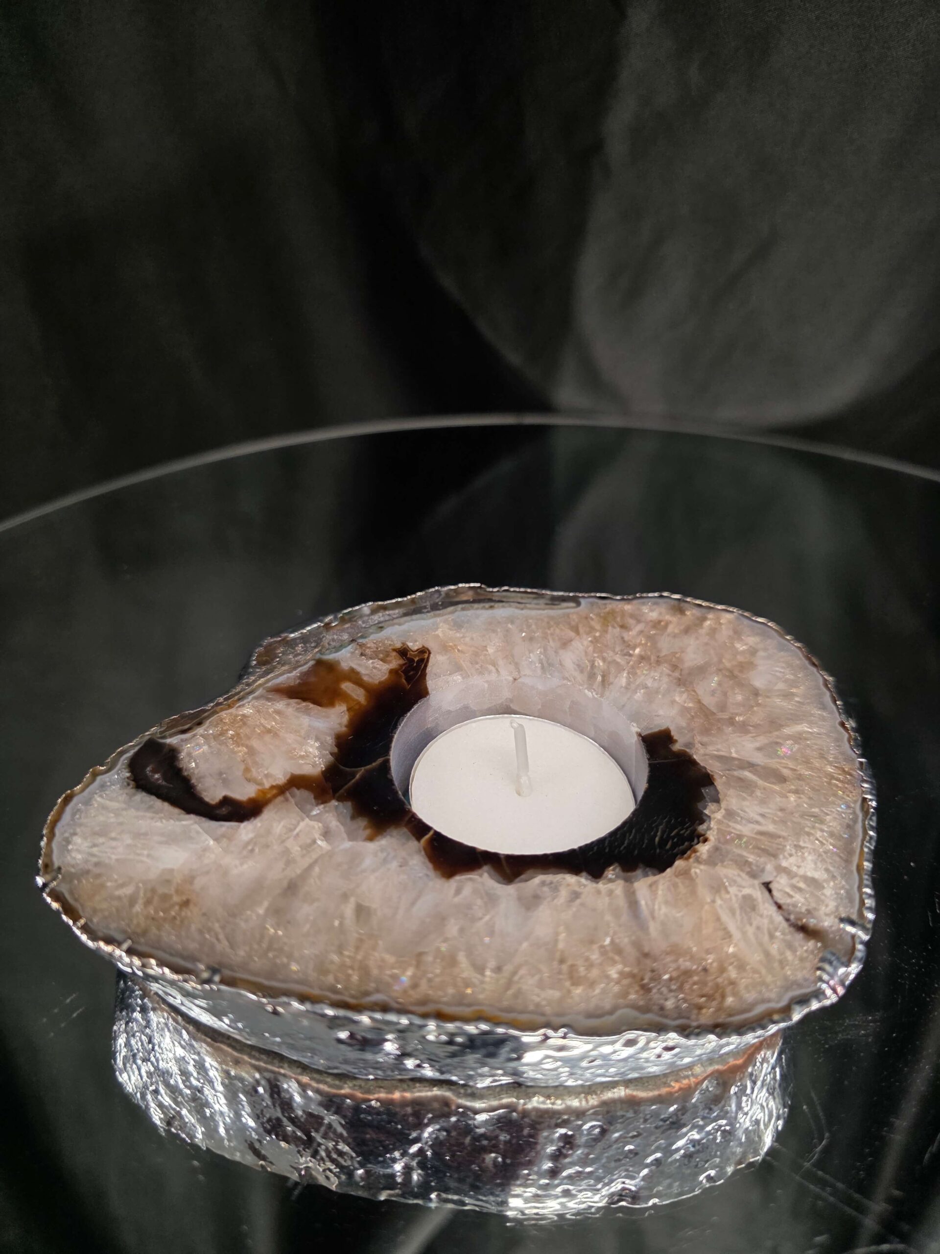 Large Black Agate Slice 3 Handpicked 472g H2xW13xD11cm Microcrystalline Quartz Silver Gilded Tealight Candle Holder - Image 7