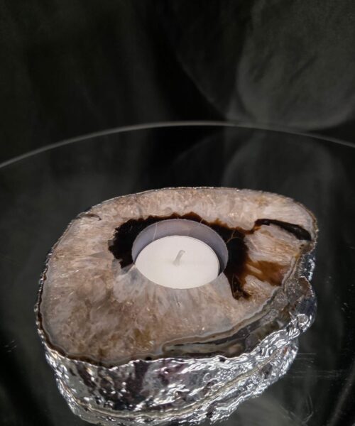 Large Black Agate Slice 3 Handpicked 472g H2xW13xD11cm Microcrystalline Quartz Silver Gilded Tealight Candle Holder - Image 8
