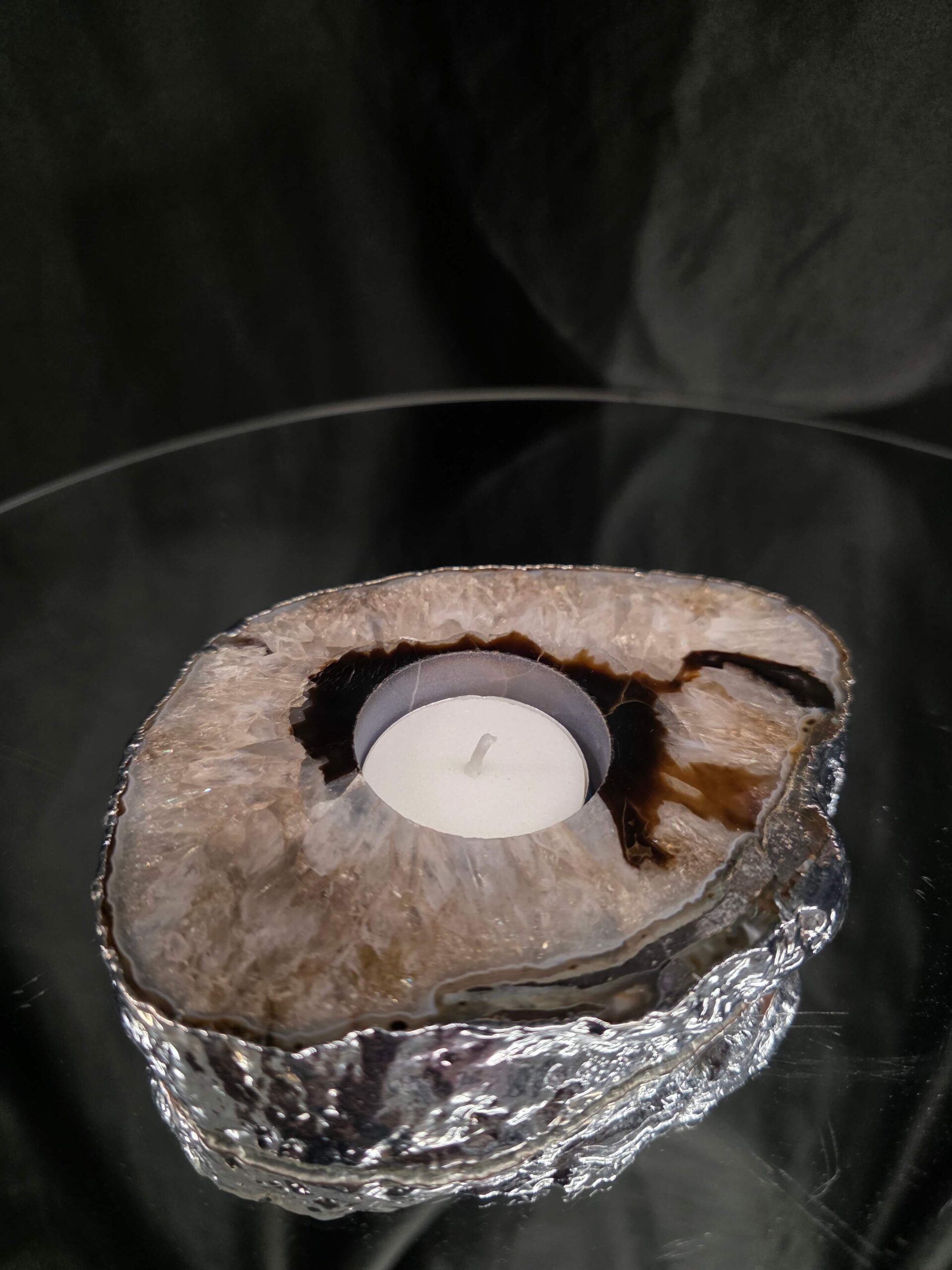Large Black Agate Slice 3 Handpicked 472g H2xW13xD11cm Microcrystalline Quartz Silver Gilded Tealight Candle Holder - Image 8