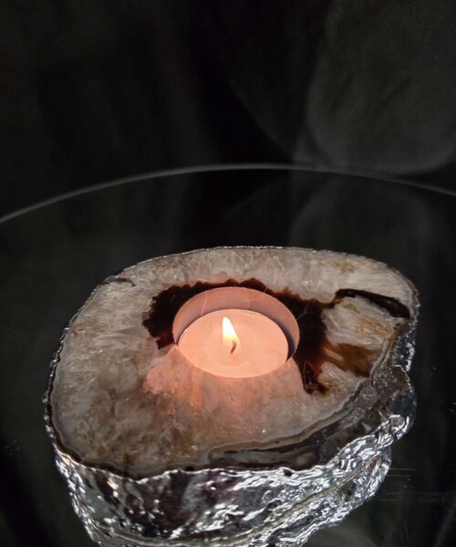 Large Black Agate Slice 3 Handpicked 472g H2xW13xD11cm Microcrystalline Quartz Silver Gilded Tealight Candle Holder - Image 9