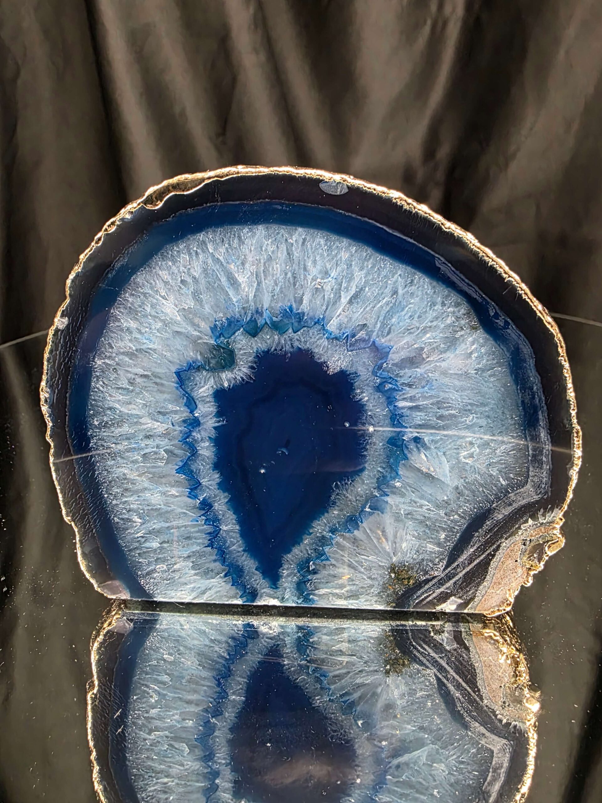 Large Blue Agate End Candle 2 Handpicked 1.152g H6xW14xD11.5cm Microcrystalline Quartz Gold Gilded 24ct Gold Tealight Holder