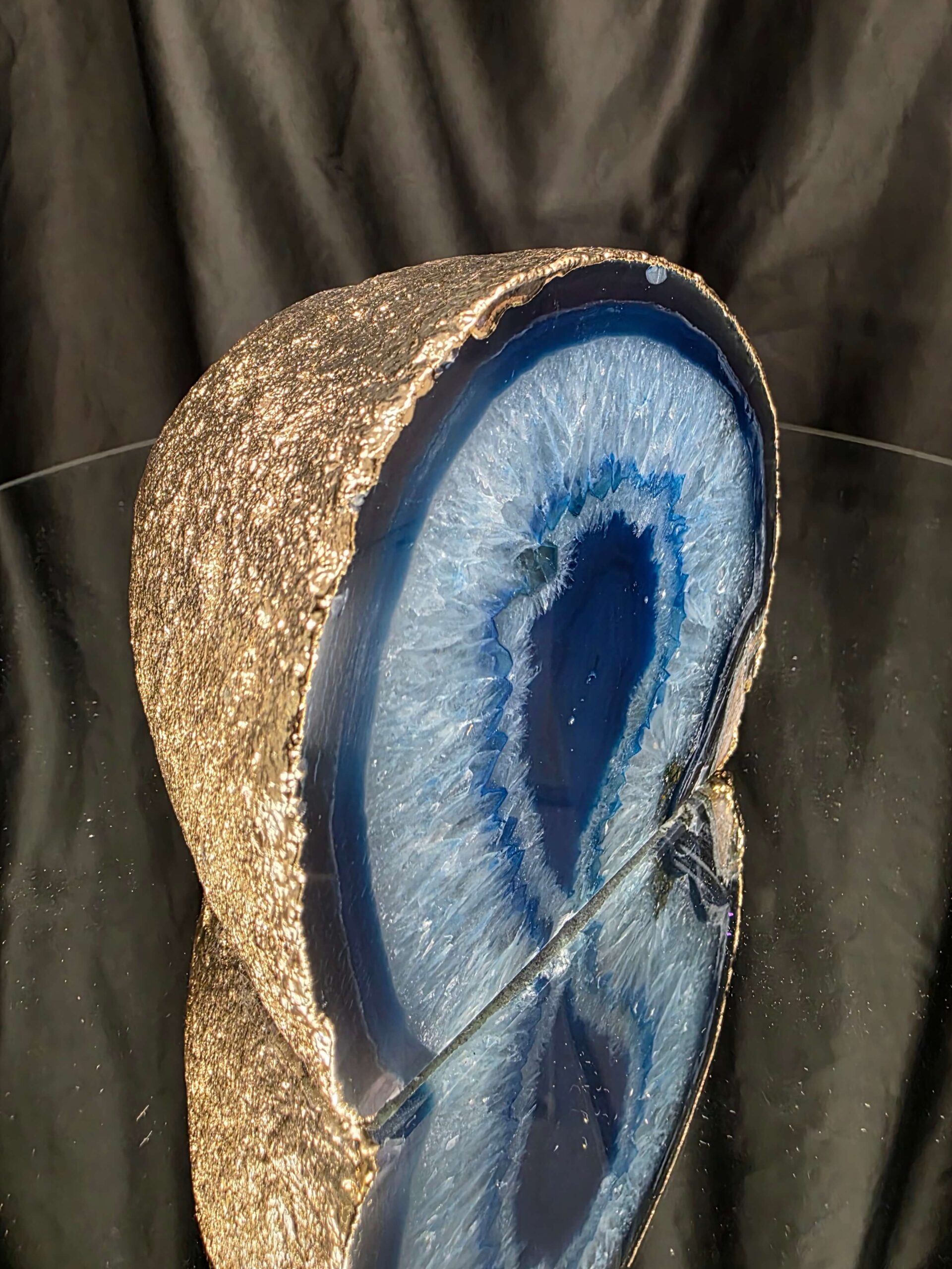 Large Blue Agate End Candle 2 Handpicked 1.152g H6xW14xD11.5cm Microcrystalline Quartz Gold Gilded 24ct Gold Tealight Holder - Image 2