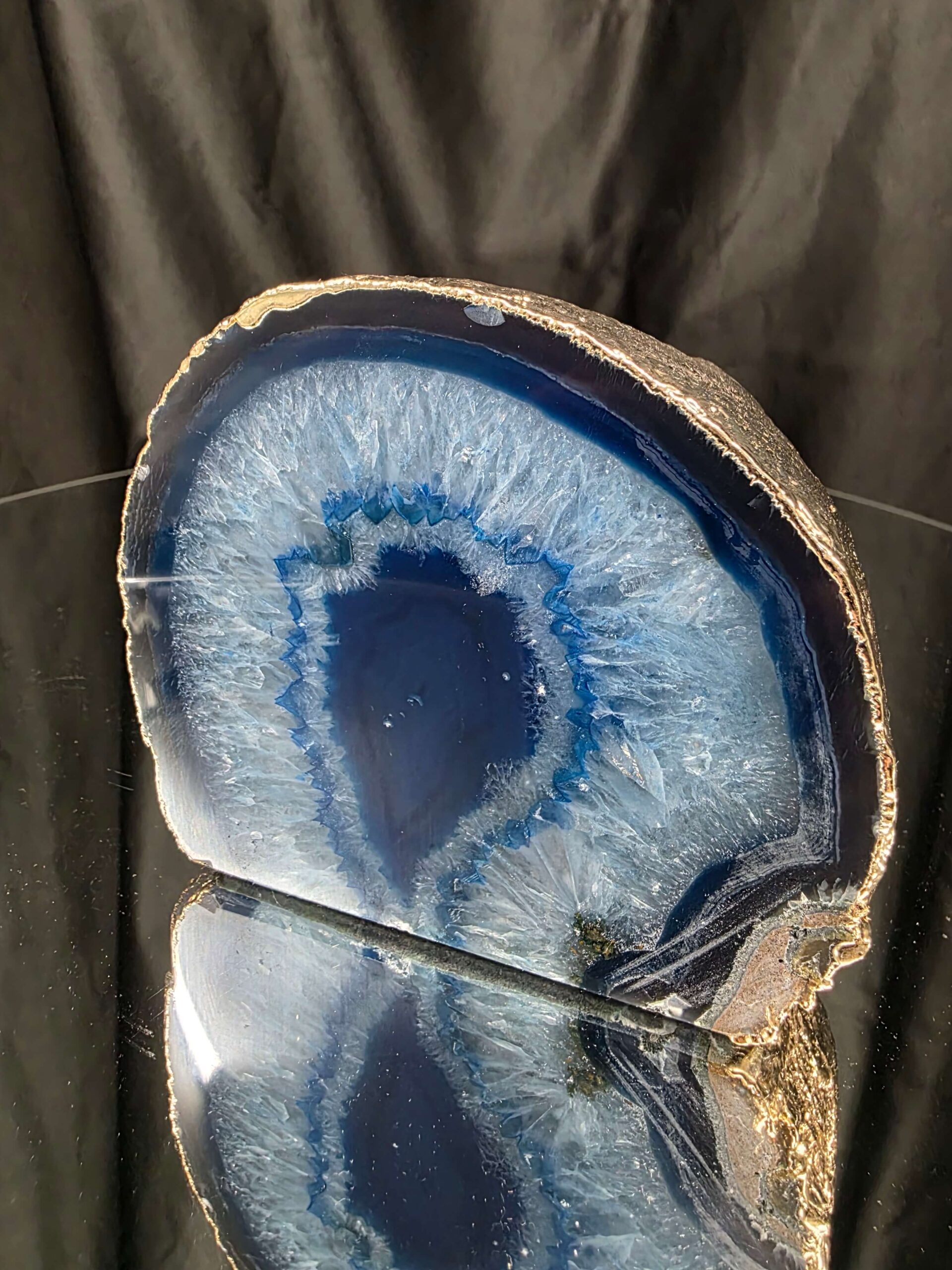 Large Blue Agate End Candle 2 Handpicked 1.152g H6xW14xD11.5cm Microcrystalline Quartz Gold Gilded 24ct Gold Tealight Holder - Image 3
