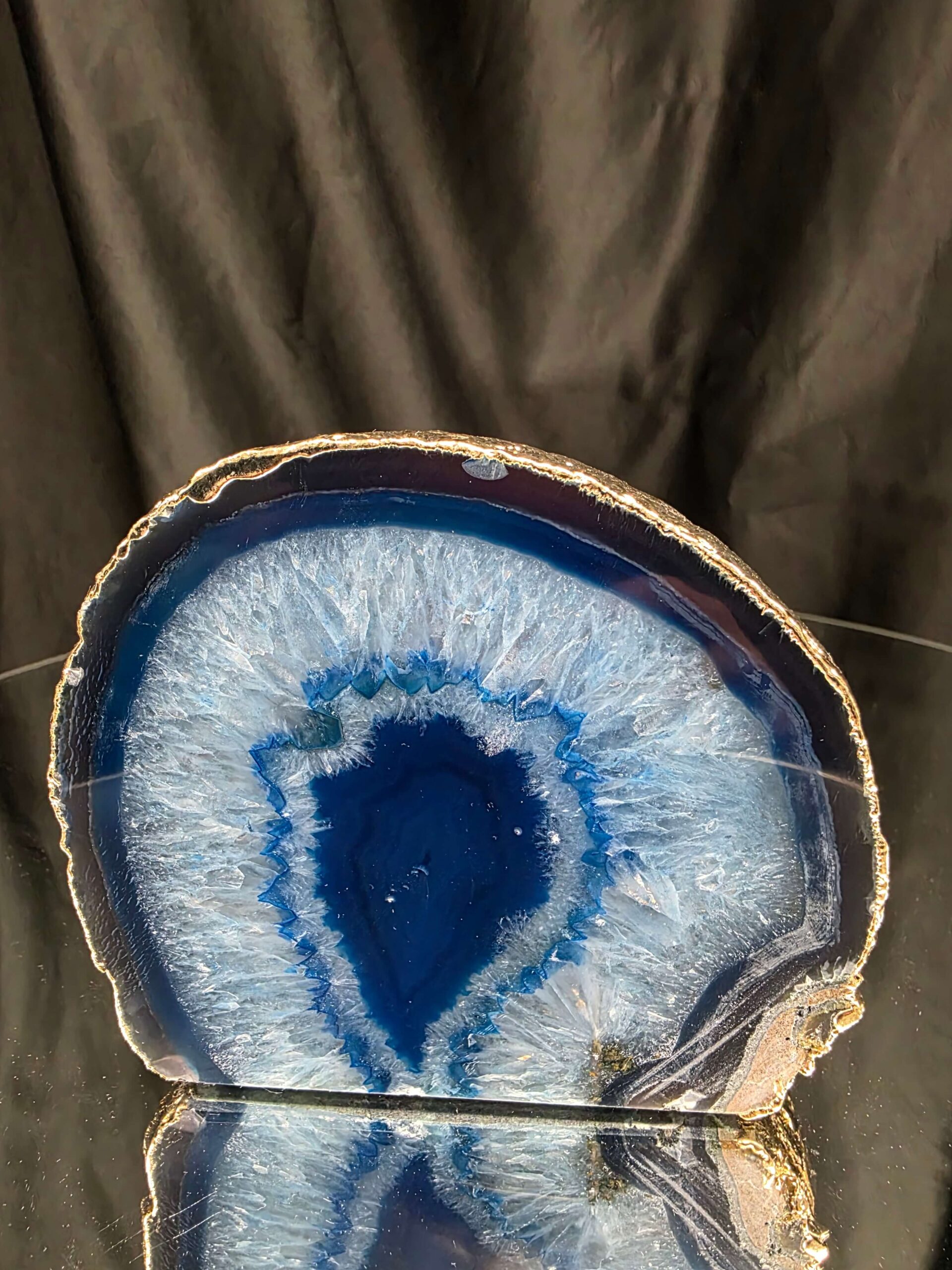 Large Blue Agate End Candle 2 Handpicked 1.152g H6xW14xD11.5cm Microcrystalline Quartz Gold Gilded 24ct Gold Tealight Holder - Image 7